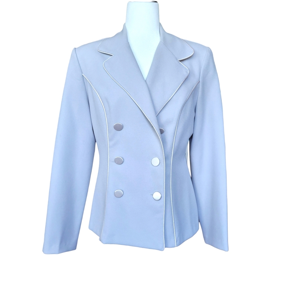 XOXO vintage pale blue/grey jacket double-breasted sateen buttons & piping 7/8